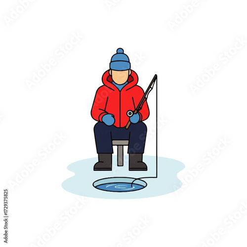 A Person Ice Fishing, Wearing Winter Clothing, Fishing Through a Hole in the Ice on a Cold Day