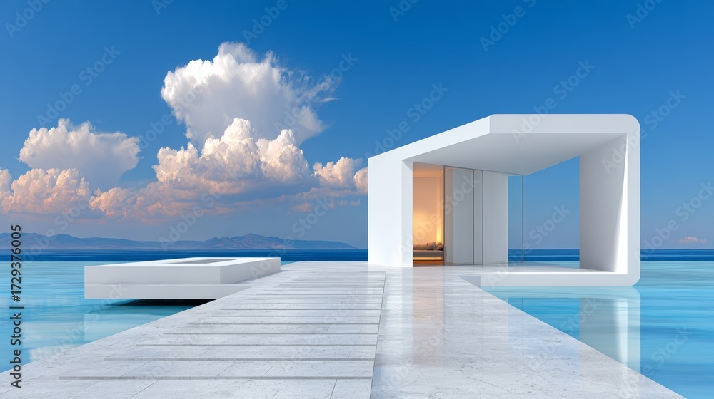 Fototapeta premium Modern architectural structure with sleek white design, situated on a serene waterfront, surrounded by clear blue water and fluffy clouds, creating a tranquil and luxurious atmosphere