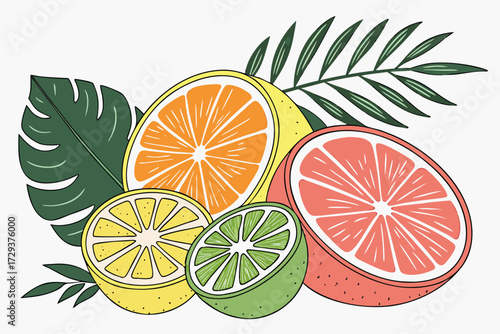  citrus fruit slices, halved oranges, lemons, limes, grapefruit, tropical leaves, fresh, bright, vibrant colors, detailed, food photography, high resolution, natural lighting, minimalist background