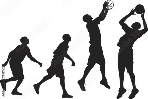 Silhouetted basketball players in motion showing different stages of a jump shot and ball handling action