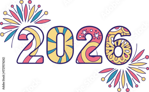 Vector art of colorful 2026 numbers with fireworks