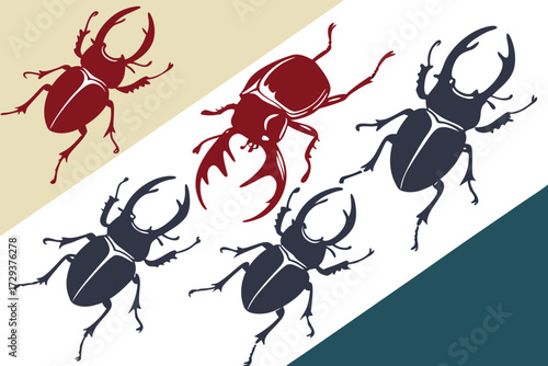 Illustration of five stag beetles in red and black on a diagonally divided background design element silhouette