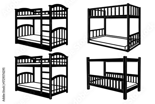 Four different styles of bunk beds rendered in black and white with varying design elements shown silhouette