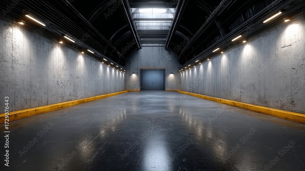 Obraz premium Spacious industrial hall with polished concrete floor, illuminated by modern lighting fixtures, featuring textured concrete walls and a large entrance, creating an atmosphere of minimalism and functio