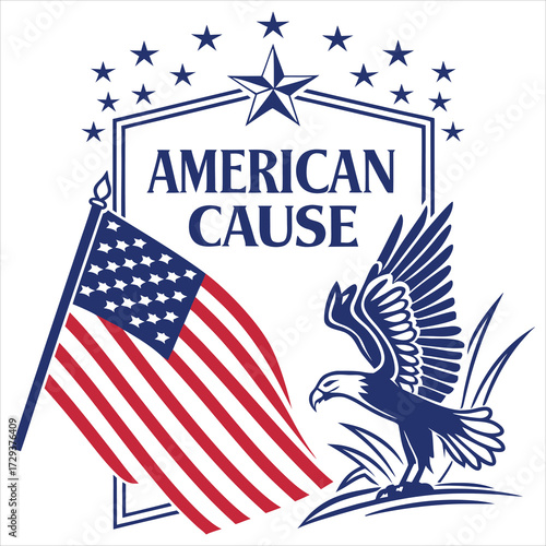 Looking at the image, I can see a graphic design with the text "THE AMERICAN cause". The word "AMERICAN" is in large, bold, black letters, while "cause" is written in a cursive script below it.