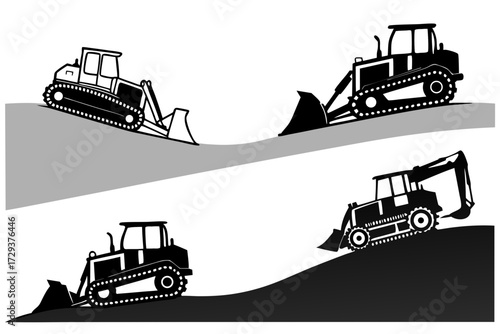 Four construction vehicles depicted on undulating ground in a monochrome illustration style image art silhouette