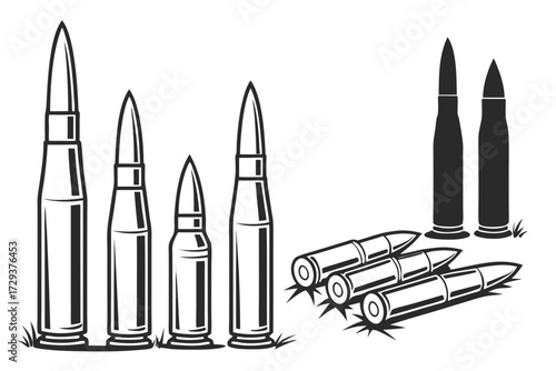 Illustration of a group of various sized bullets standing upright and lying down in a pile on the ground silhouette