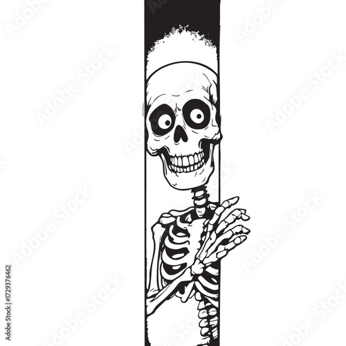 Cartoon Skeleton Peek Vector — Black and White Humorous Illustration with Wide Eyes, Afro Hair, and Spooky Halloween Expression