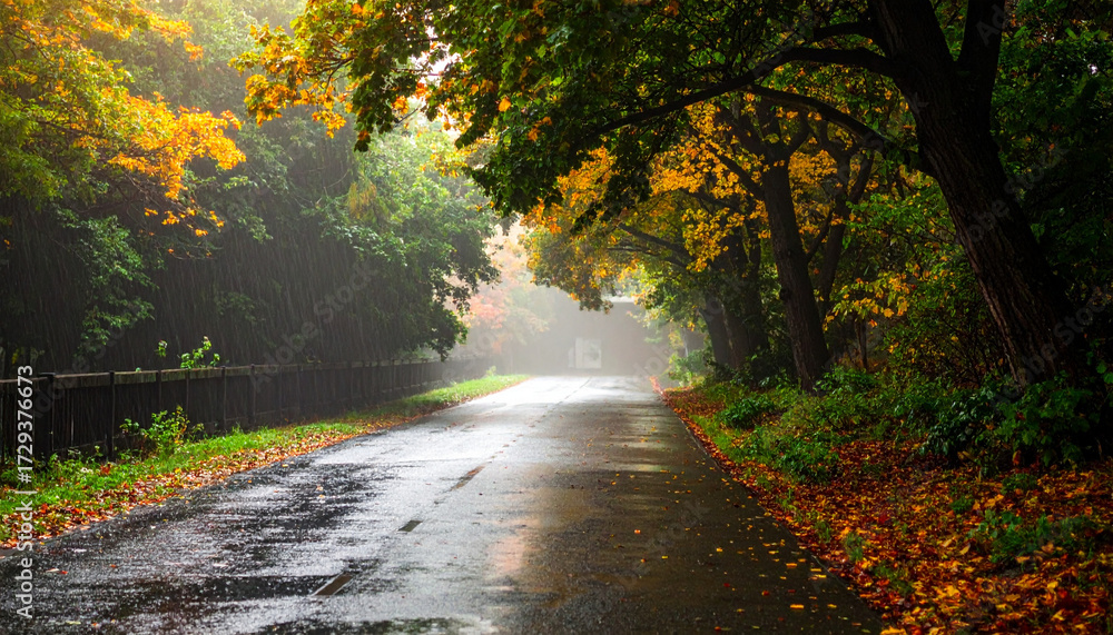 Fototapeta premium Autumn road lined with colorful trees after rain, wet asphalt reflects the light, and fallen leaves blanket the sides