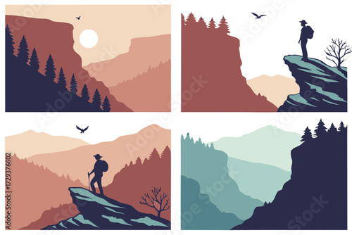 Four scenic mountain landscapes with hikers, trees, birds, and atmospheric perspective in muted colors silhouette