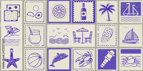 Collection of hand drawn summer vacation and beach themed icons in a stamp style
