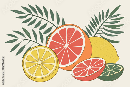  citrus fruit slices, halved oranges, lemons, limes, grapefruit, tropical leaves, fresh, bright, vibrant colors, detailed, food photography, high resolution, natural lighting, minimalist background