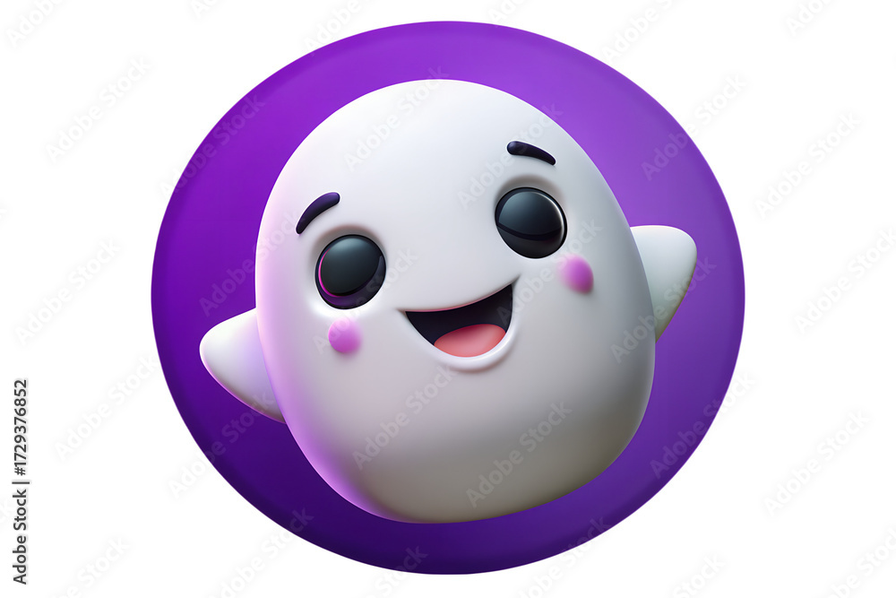 Fototapeta premium A cheerful cartoon ghost with rosy cheeks against a vibrant purple circular background design element on transparent background