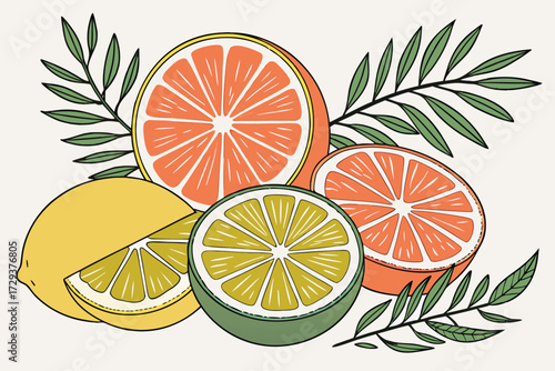  citrus fruit slices, halved oranges, lemons, limes, grapefruit, tropical leaves, fresh, bright, vibrant colors, detailed, food photography, high resolution, natural lighting, minimalist background