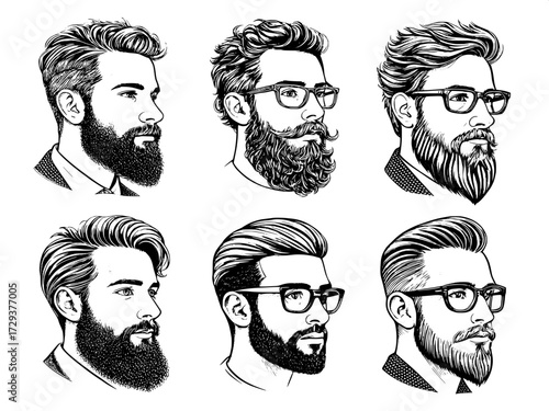 Six hand-drawn vector-style male portraits in front-facing view, each face defined only by hair, beards, and glasses, bold contrast.