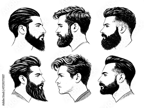 Symmetrical black ink sketches of six male heads, showcasing different beard shapes and haircuts, arranged in a modern layout.