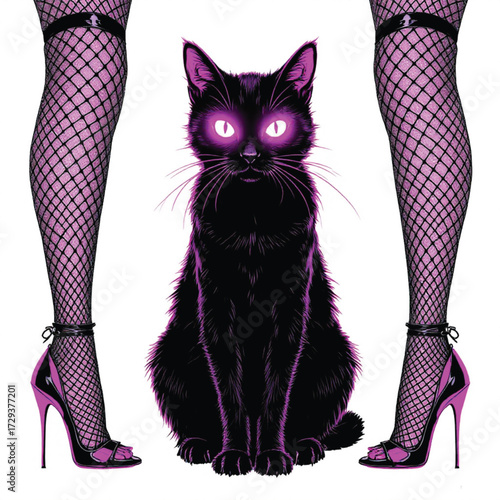 Gothic Cat and Legs Vector — Black and Purple Stylized Illustration with Fishnets, Heels, and Glowing Eyes for Bold Design