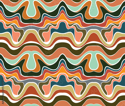 A colorful repeating abstract print pattern featuring wavy lines in shades of orange, teal, brown, and cream, creating a dynamic, flowing design.



