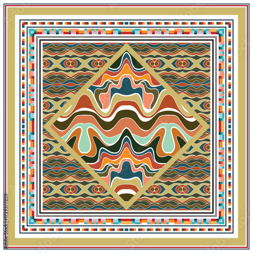 A colorful wavy print pattern, abstract square shape scarf design featuring in a diamond shape, framed by intricate borders in earthy tones and vibrant accents.