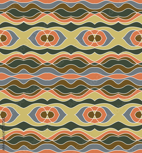 A repeating pattern of wavy lines and abstract shapes in earthy tones of orange, green, gray, and beige, creating a rhythmic design.