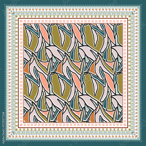 A vibrant abstract flower leaf shape scarf print pattern design in earthy tones, framed by intricate borders in contrasting colors.