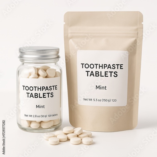 Fake Product Image of Toothpaste Tablet Bag and Bottle with Label on Blank Empty White No Background