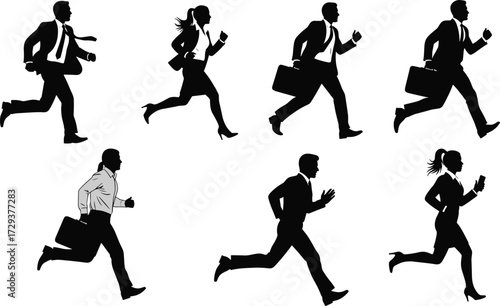 Business people silhouette set running and rushing with briefcases, representing busy corporate life, deadlines, and urgency in professional careers
