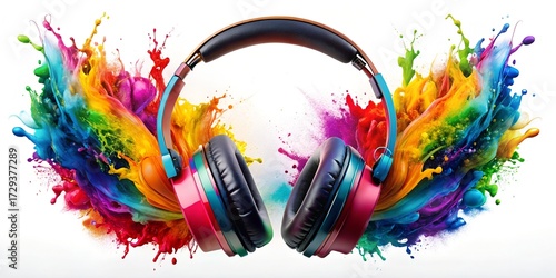 Headphones surrounded by vibrant rainbow paint splashes, isolated on white background, creating a dynamic and colorful visual representation of music and sound