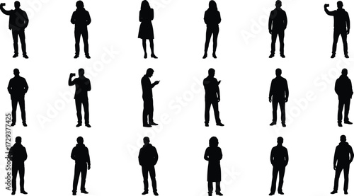 Collection of diverse men and women silhouettes in various poses and with technology, representing modern social and professional interactions for design