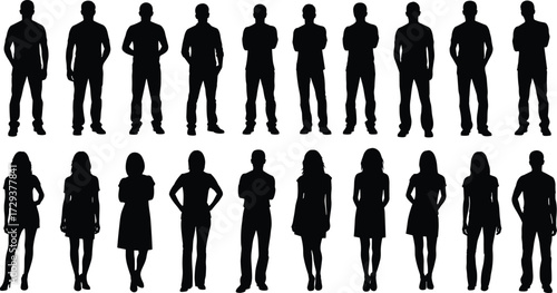 Collection of diverse men and women silhouettes in various poses, representing different body types and styles for graphic design resources and projects