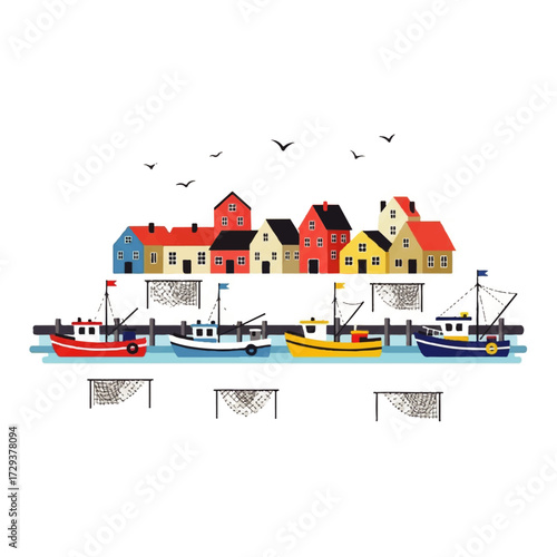 Charming seaside village with colorful houses and fishing boats docked by the water, featuring fishing nets and seagulls flying in the sky