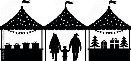 Family strolls through charming festive market stalls adorned with holiday lights and gifts