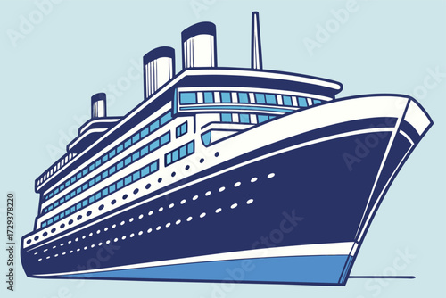 Vector art of a large blue and white cruise ship with multiple decks and smokestacks sails on a light blue background