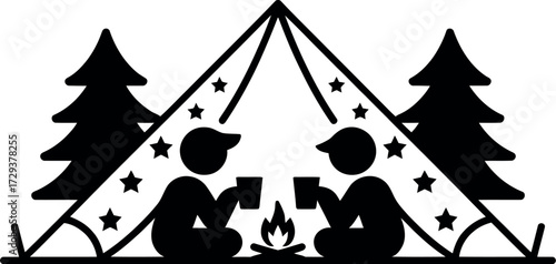 Two friends enjoying a warm drink by a campfire under a starry tent
