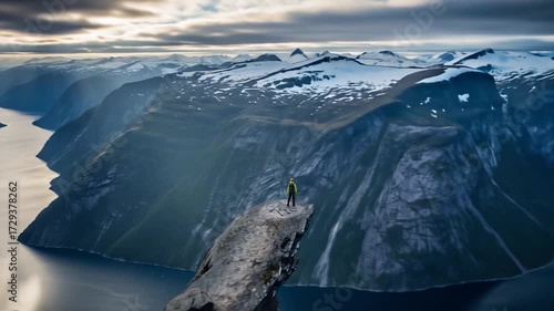 Person on cliff edge overlooking river valley snow capped mountain range