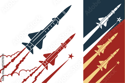 Illustration of rockets missiles launching with smoke trails and patriotic color scheme for air force design silhouette