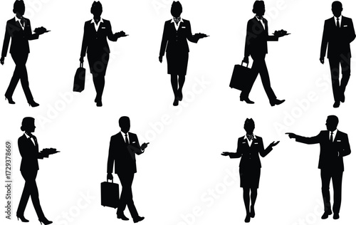 Collection of flight attendants and pilots in various poses, including walking and holding trays, a versatile silhouette set for aviation and hospitality themes