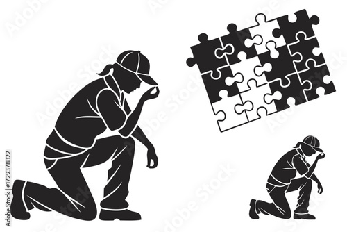 Solving puzzle concept illustration depicting problem solving skills and strategy for success and teamwork silhouette