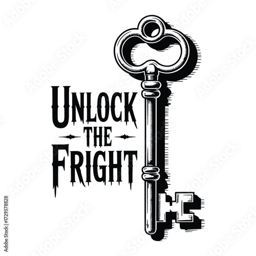 Intricate Key Design with "Unlock the Fright" Text a Spooky and Intriguing Vintage Aesthetic