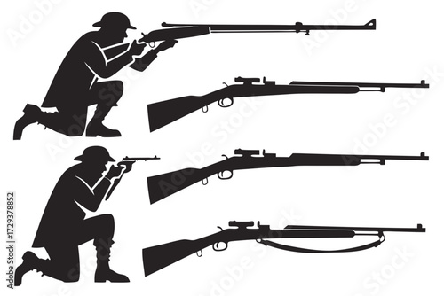 Vintage rifle collection vector illustration featuring antique firearms and military weaponry silhouettes design