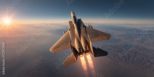 Soaring Above: An F-15 Eagle fighter jet ascends majestically into the sky against the backdrop of a radiant sunrise. Witness the power and precision of modern aviation.