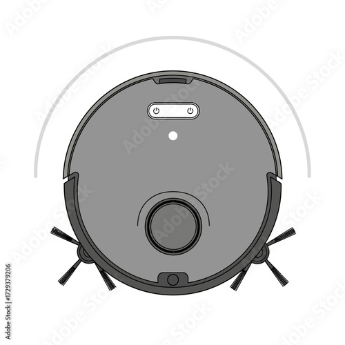 Top-down view of a grey robotic vacuum cleaner with two side brushes and a charging sensor.