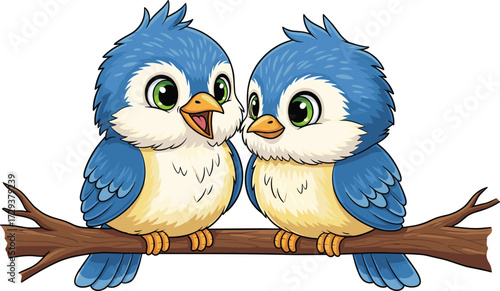 Cartoon blue birds vector, tree branch scene, cheerful expressions, singing moment, white background, kids illustration, nature, communication, friendship