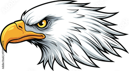 Cartoon bald eagle vector, fierce expression, curved beak, intense eyes, patriotic symbol, mascot design, white background, strong character, illustration