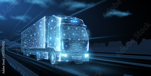 Truck. Abstract vector 3d heavy lorry van. Highway road. Isolated on blue.