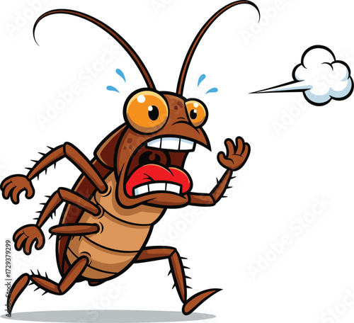 Cartoon cockroach vector, running insect, bulging eyes, panic expression, sweat drops, funny bug, white background, children clipart, humorous illustration