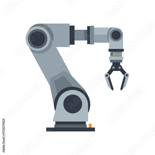 Illustration of a gray industrial robotic arm with a gripper.
