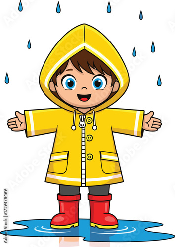 Cartoon child vector, yellow raincoat, red boots, rainy weather, puddle splash, smiling character, children clipart, white background, fun illustration
