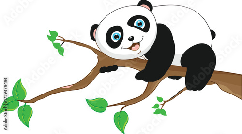 Cartoon panda on tree branch vector, smiling face, blue eyes, green leaves, white background, kids animal illustration, playful pose