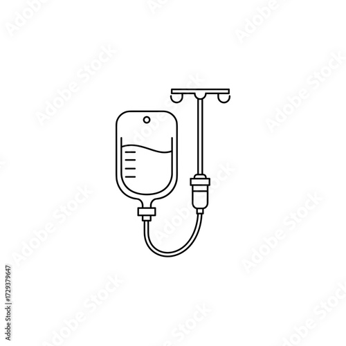 IV fluid bag with tubing in simple line art style  